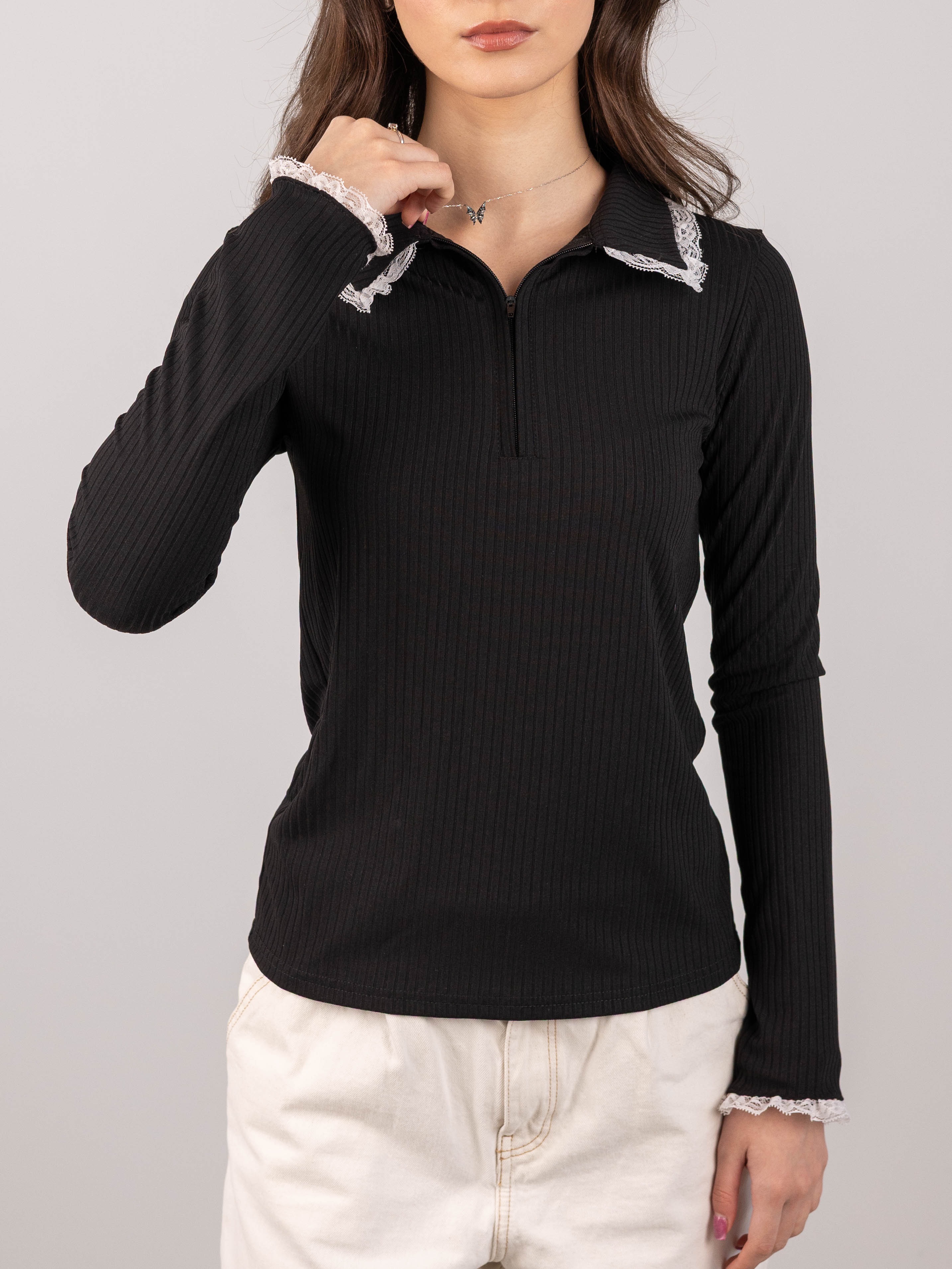 картинка Лонгслив поло с кружевом КМ101 Черный  от магазина Спортсоло