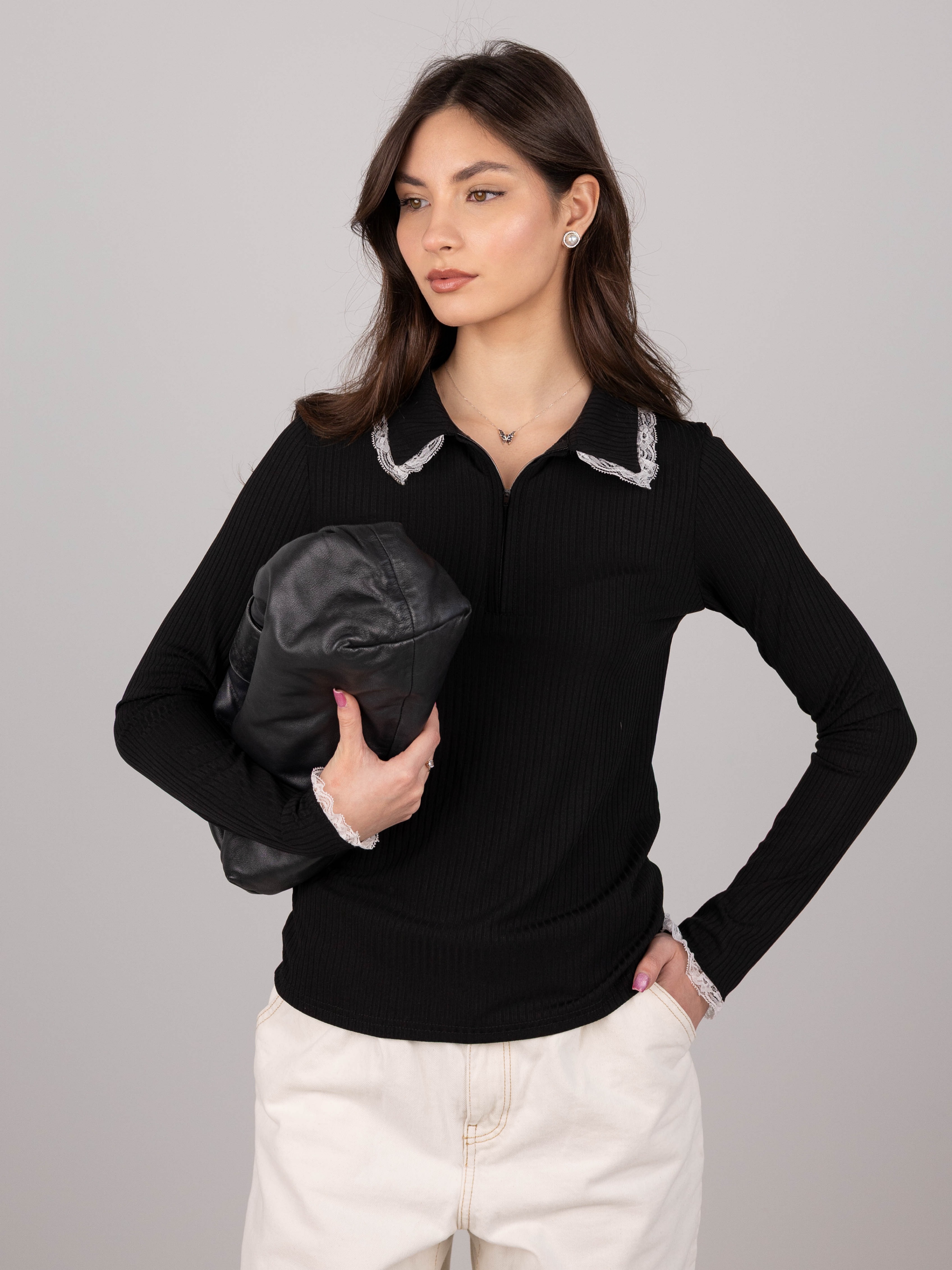 картинка Лонгслив поло с кружевом КМ101 Черный  от магазина Спортсоло